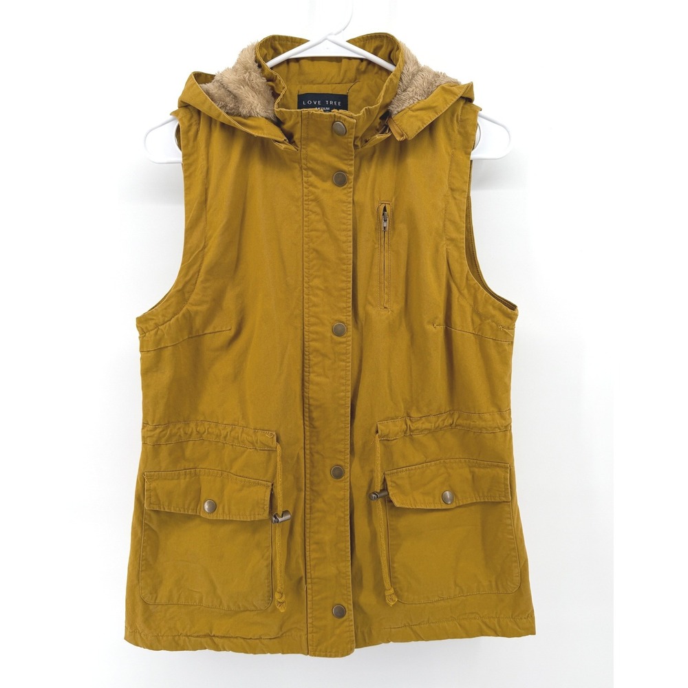 Love Tree Utility Vest Women Medium Mustard Yellow Hooded Faux Fur Trim Cozy EUC